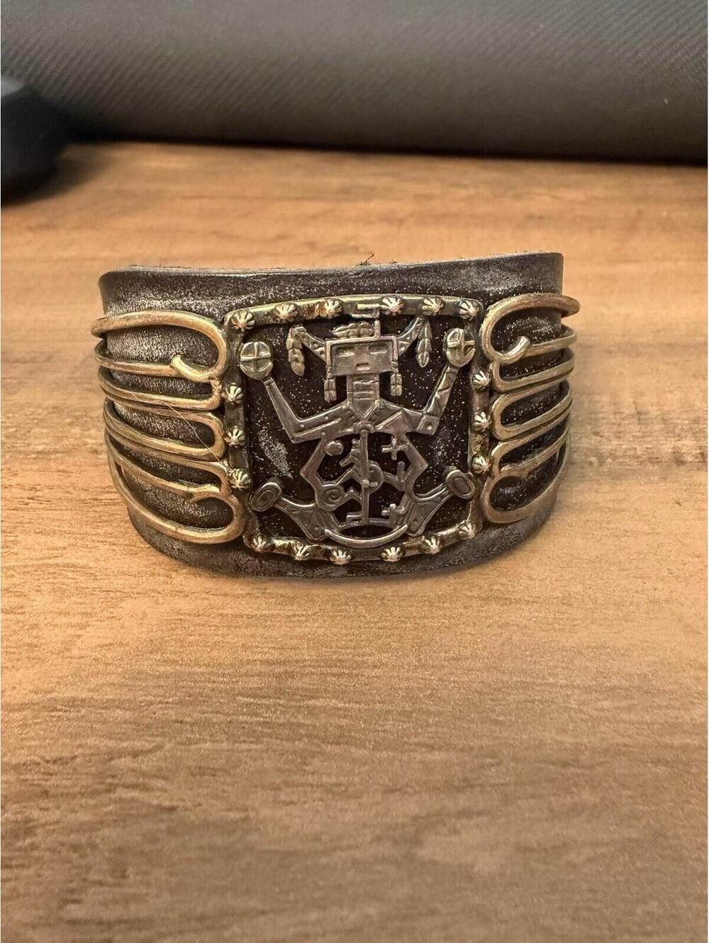 Fritz Casuse Carolyn Pollack Black Leather Sterling Silver Kachina Cuff Bracelet